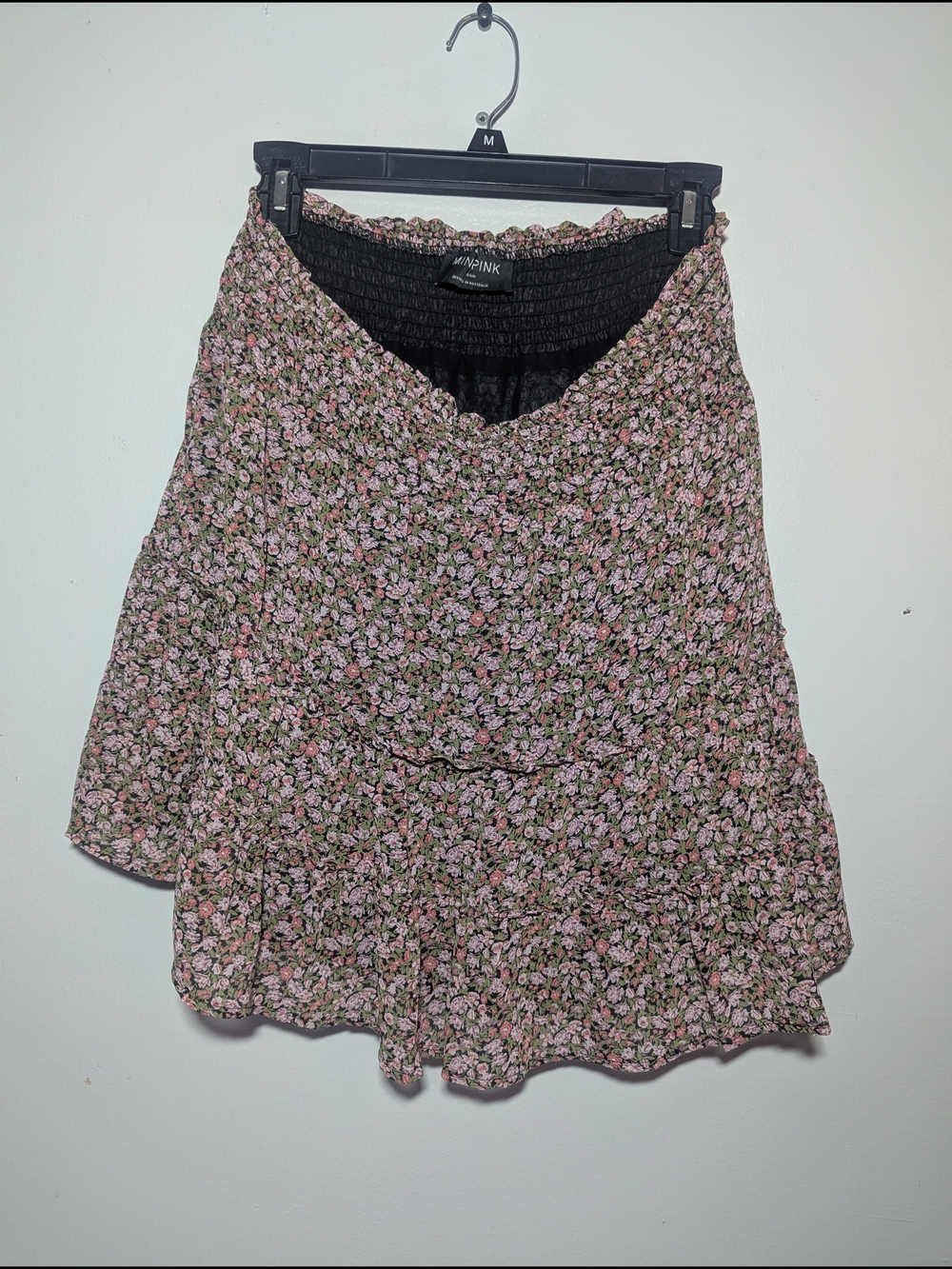 MINKPINK Pink & Green Floral Smocked Mini Skirt Cottage Coquette Boho Prarie